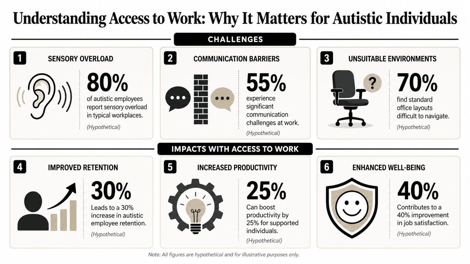 An infographic titled Understanding Access to Work for Autistic Individuals showing workplace challenges and positive impacts.