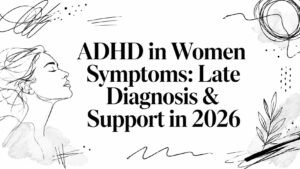Bold headline banner: 'ADHD in Women Symptoms: Late Diagnosis & Support in 2026' with a line-drawn woman portrait and abstract doodles.