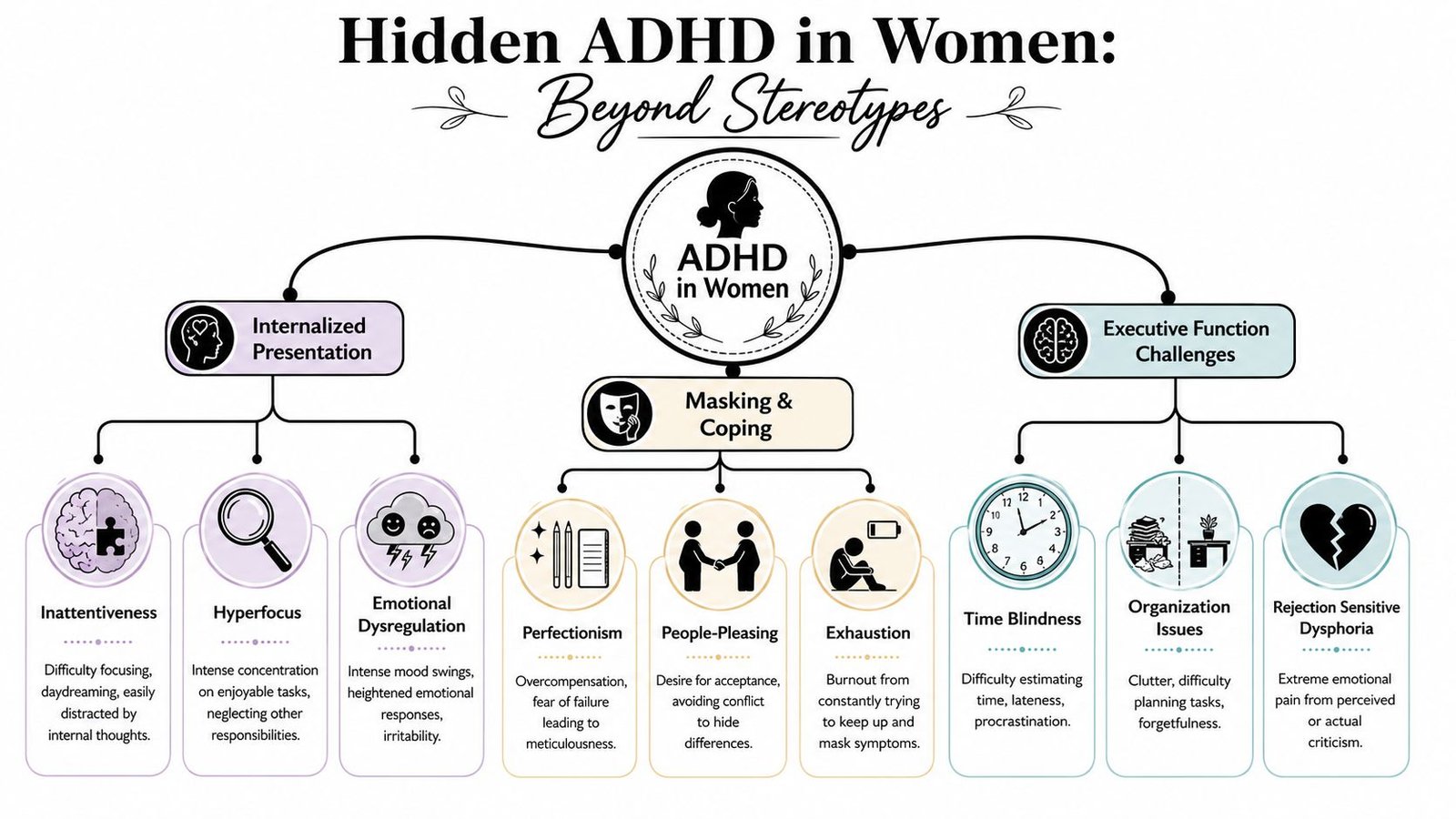 An infographic titled Hidden ADHD in Women outlining symptoms like internalization, masking, and executive function challenges.