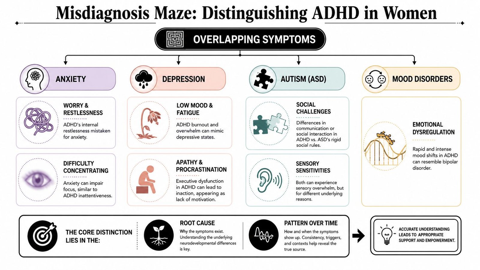 A diagnostic chart illustrating common symptoms that lead to ADHD misdiagnosis in women compared to other conditions.