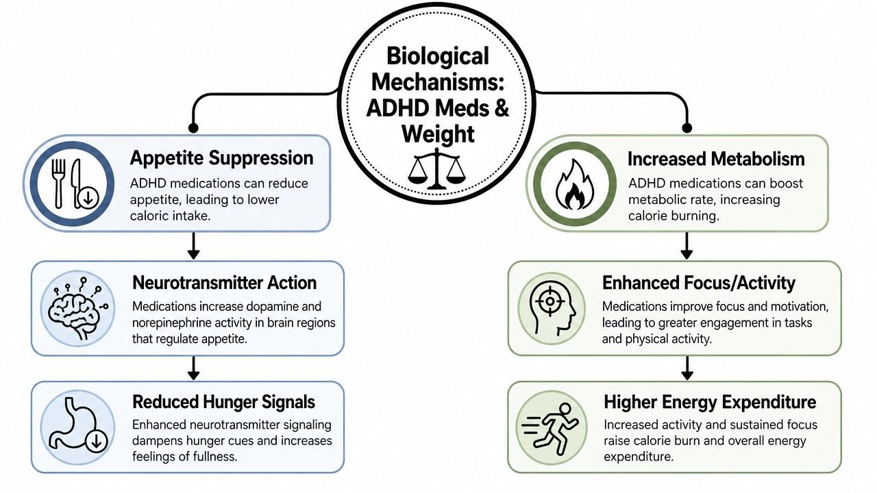 A flowchart explaining the biological mechanisms through which ADHD medication can influence weight, including appetite and metabolism.