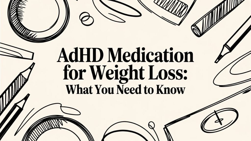 Informational banner with the title 'ADHD Medication for Weight Loss: What You Need to Know' surrounded by black doodles of office supplies like pencils, rulers, and tape.