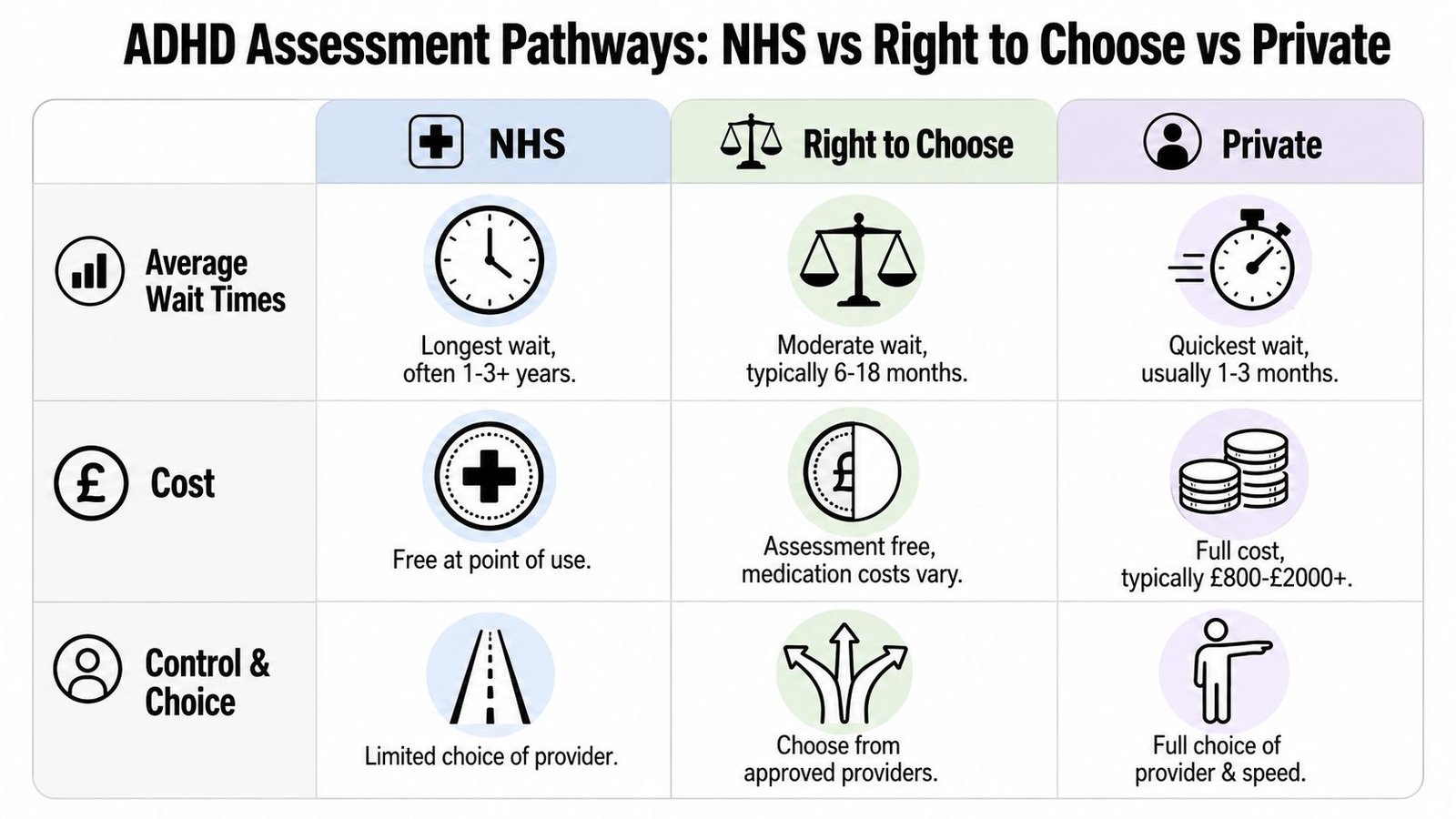 A comparison chart showing NHS, Right to Choose, and Private ADHD assessment pathways regarding wait times, costs, and choices.