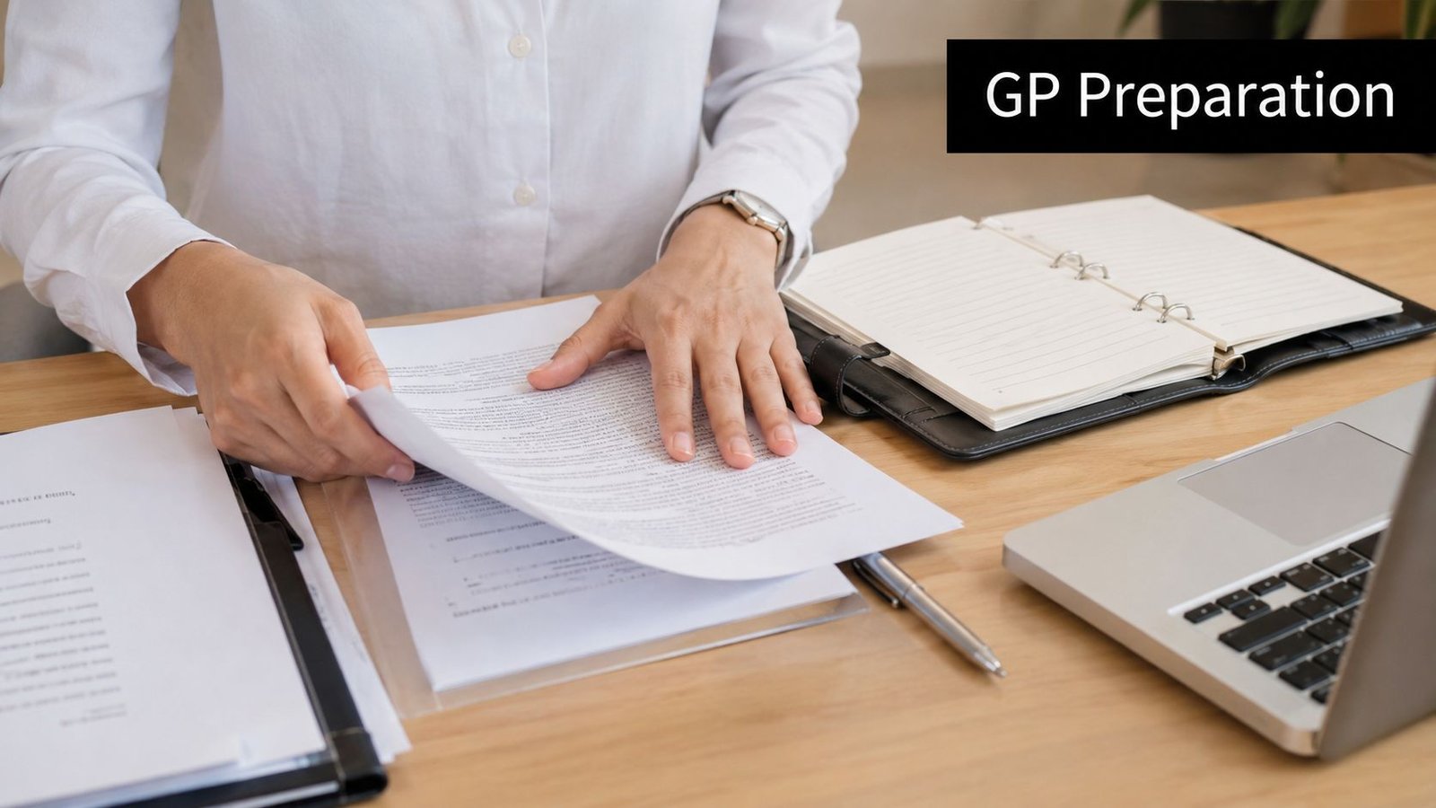 A professional in a white shirt reviewing a document on a wooden desk with a laptop and planner.