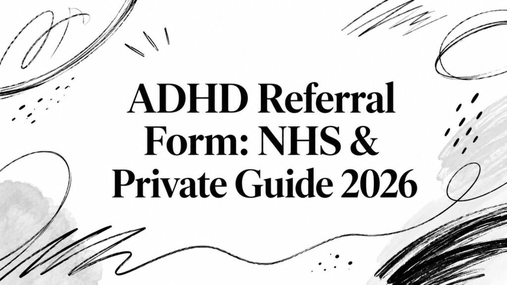 Banner text: 'ADHD Referral Form: NHS & Private Guide 2026' with abstract black brushstroke artwork around it.