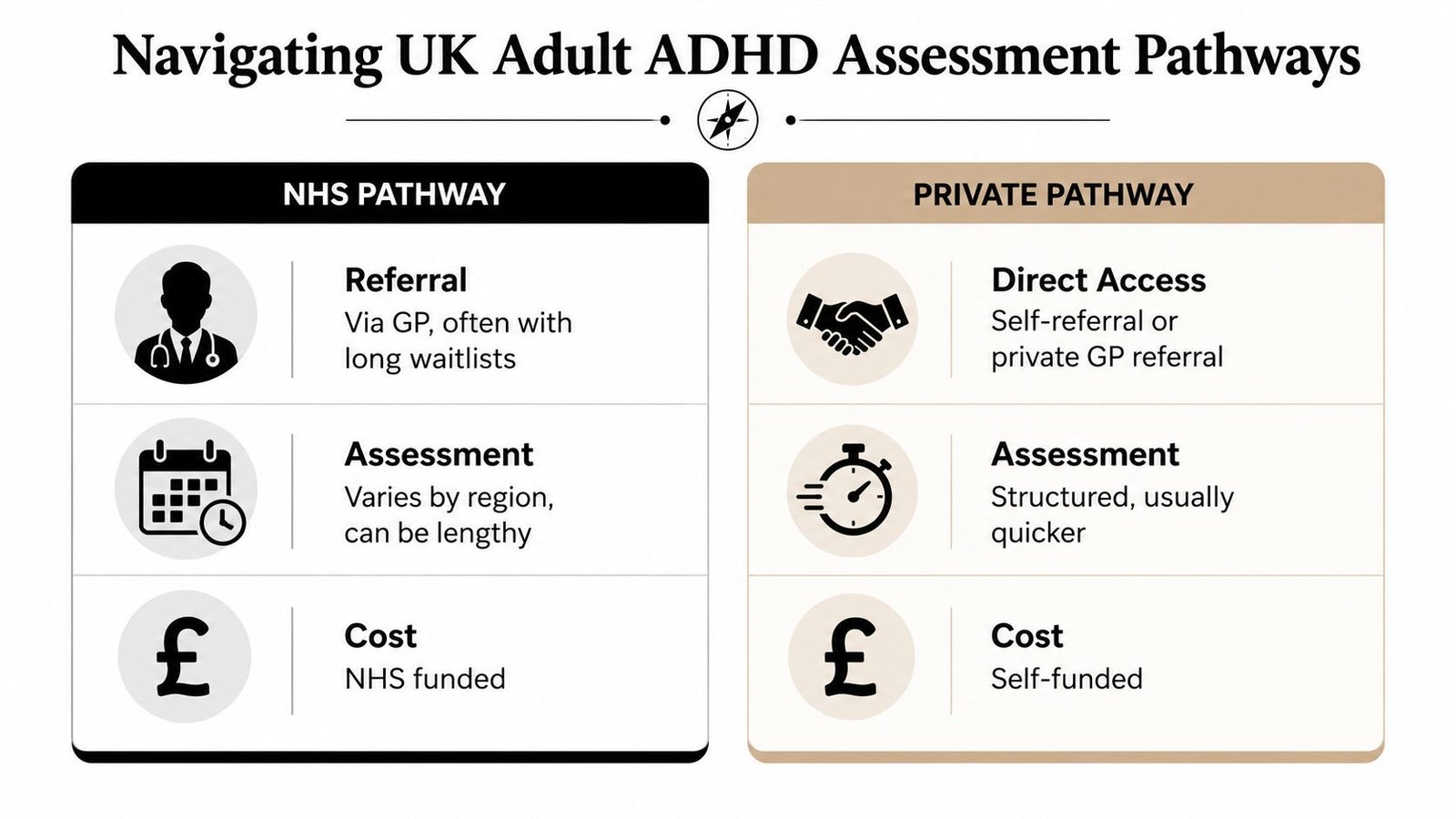 A comparison chart outlining the NHS and private pathways for obtaining an adult ADHD assessment in the UK.