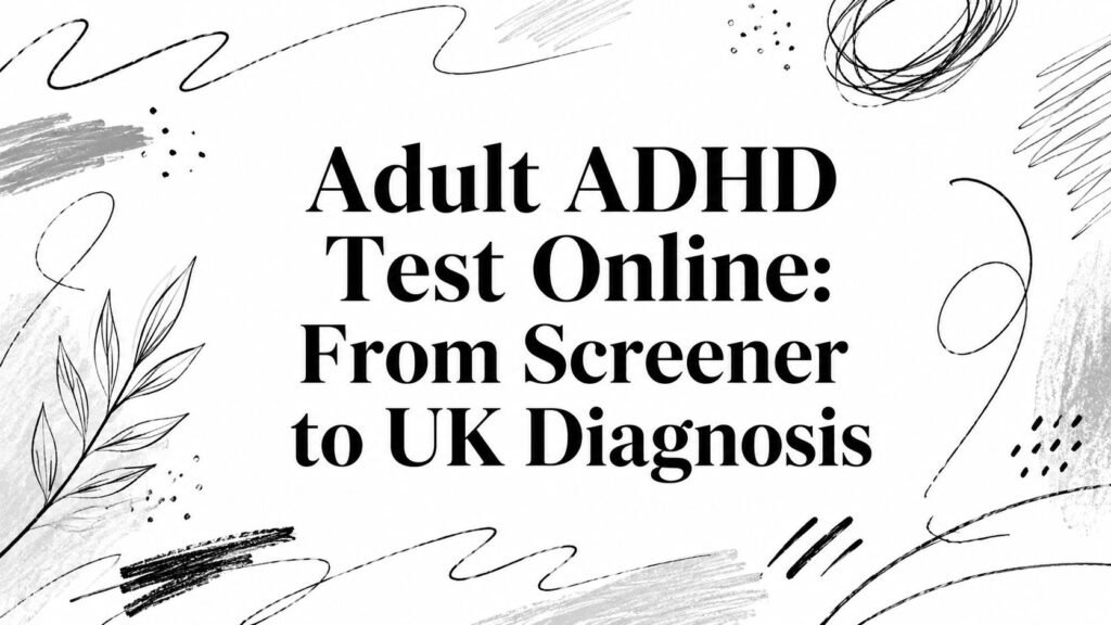 Title card: 'Adult ADHD Test Online: From Screener to UK Diagnosis' focusing on online ADHD testing and UK diagnosis.
