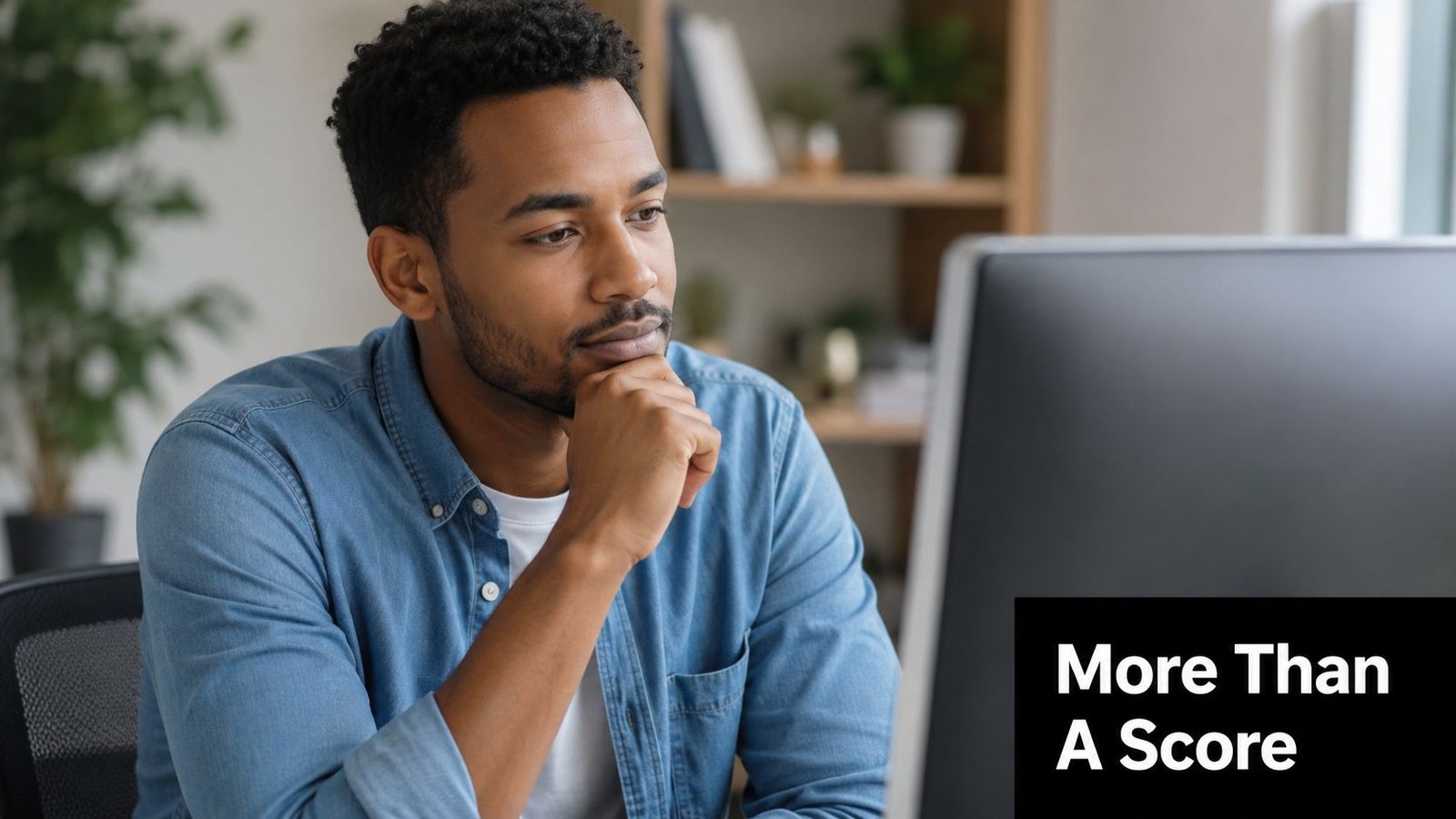 An African American man sitting at his desk, thoughtfully looking at his computer screen while working.