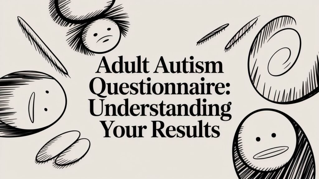 Beige poster with bold title 'Adult Autism Questionnaire: Understanding Your Results' and abstract doodle faces around the edges.