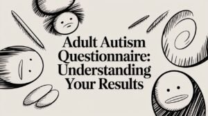 Beige poster with bold title 'Adult Autism Questionnaire: Understanding Your Results' and abstract doodle faces around the edges.