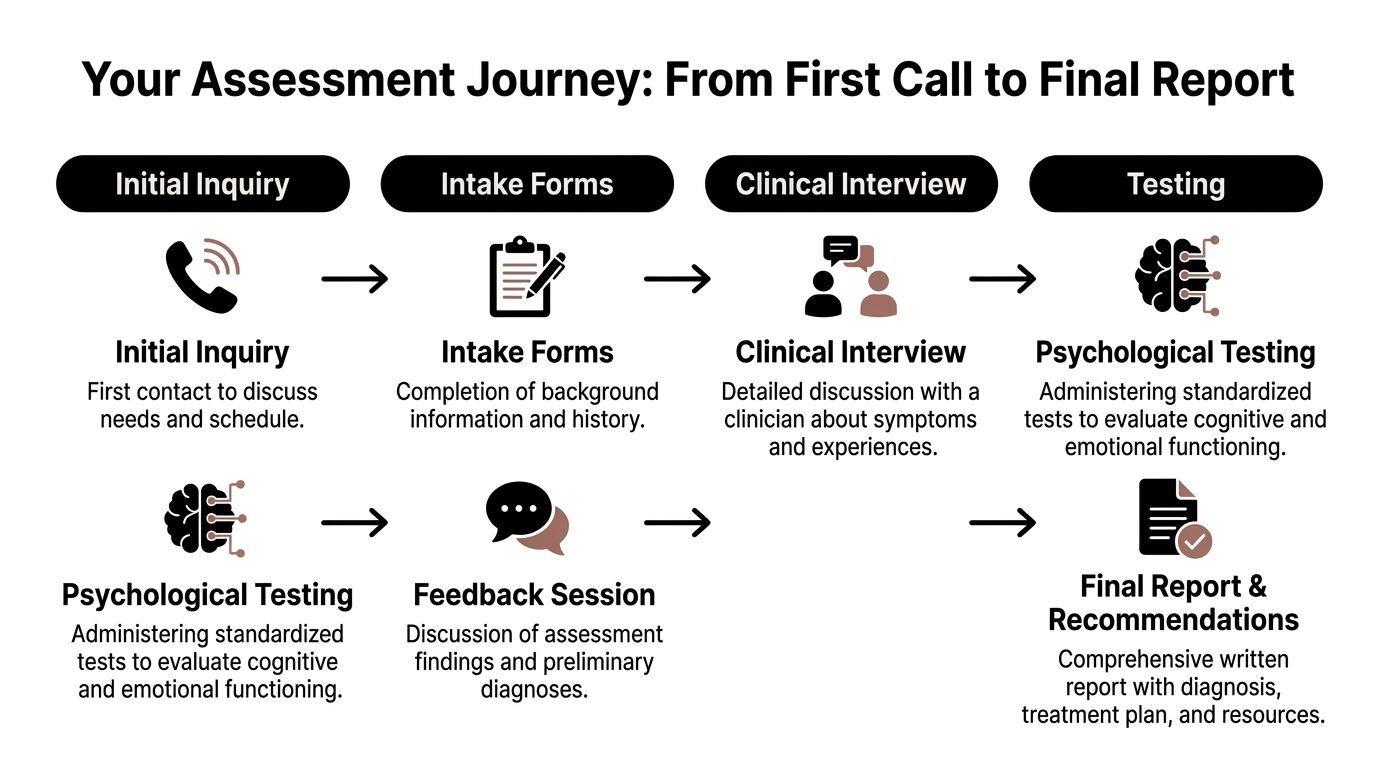 A diagram outlining the six steps of a clinical psychological assessment journey from inquiry to final report.