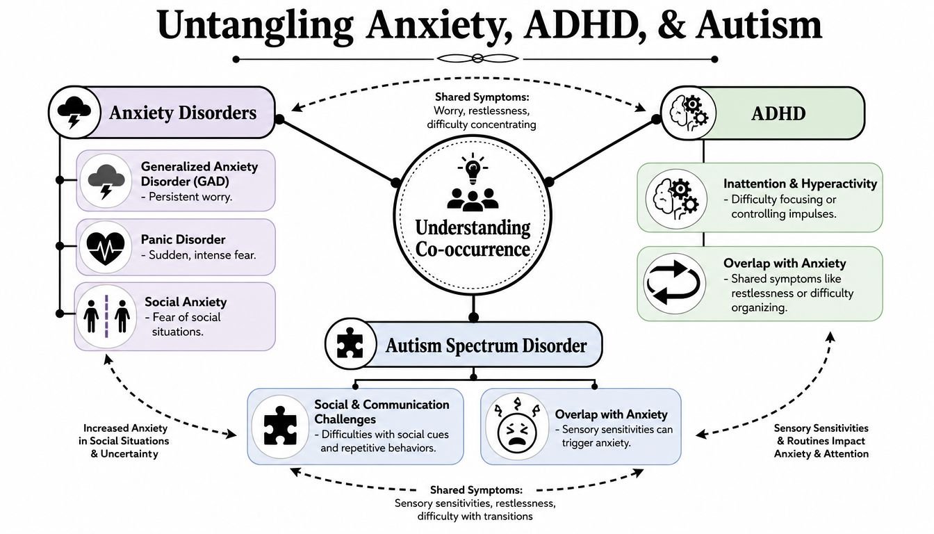 A diagram illustrating the interconnected relationships and shared symptoms between Anxiety Disorders, ADHD, and Autism Spectrum Disorder.