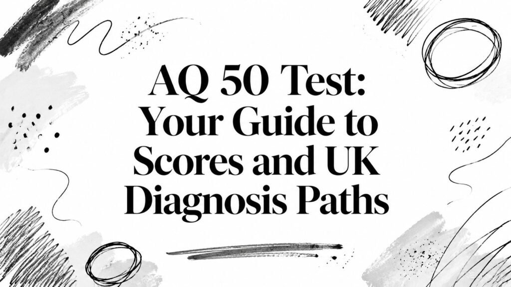 Title card: AQ 50 Test—Your Guide to Scores and UK Diagnosis Paths with abstract black doodles on white background