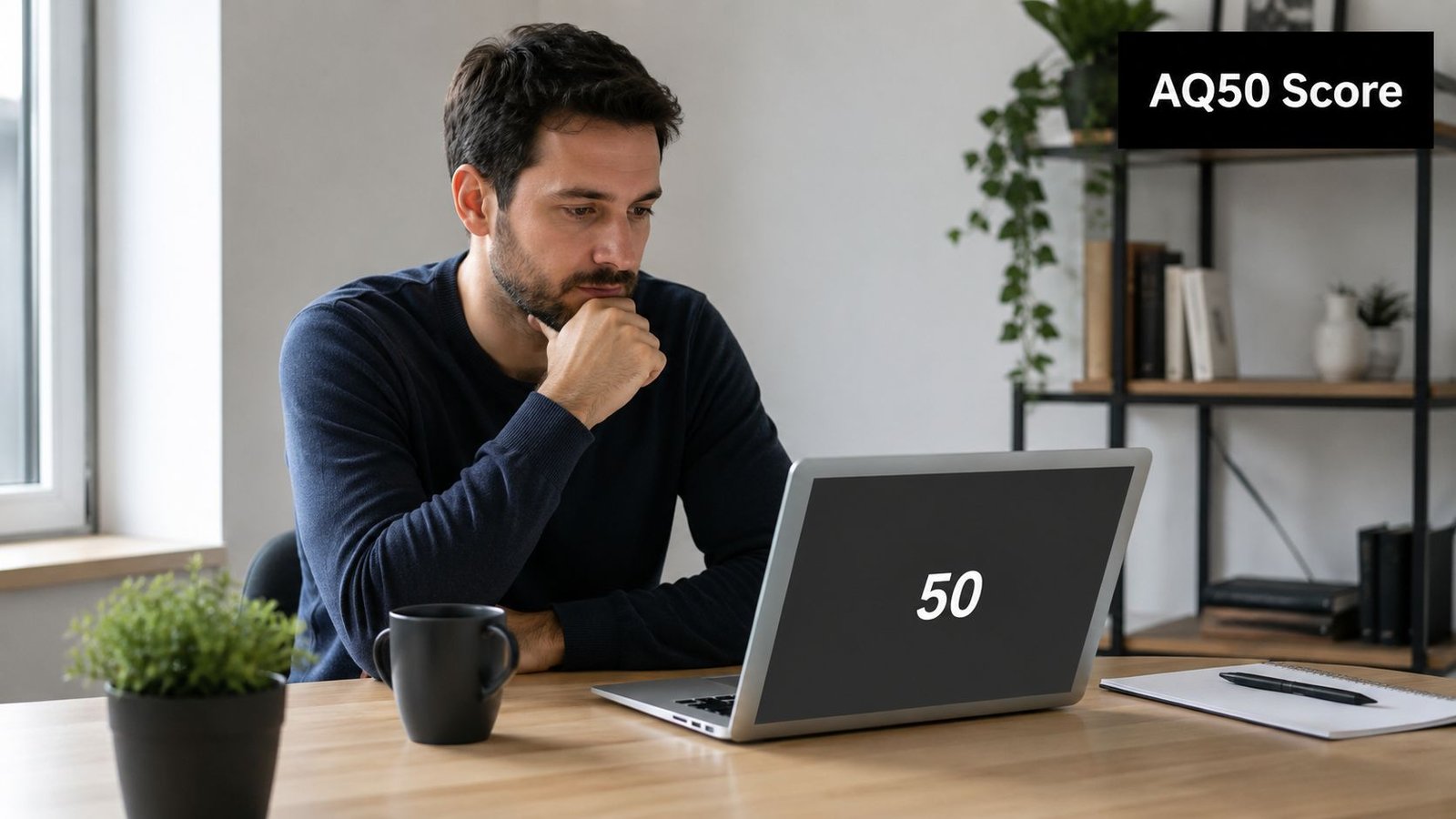 A man focused on his laptop displaying an AQ50 score while working at his wooden office desk.