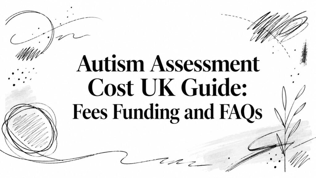 Informational banner: 'Autism Assessment Cost UK Guide: Fees Funding and FAQs' with decorative black doodles around the edges.
