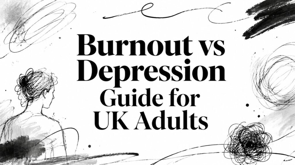 Burnout vs Depression: Guide for UK Adults, with abstract black ink doodles around the title.