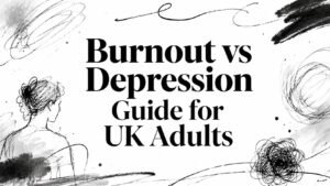 Burnout vs Depression: Guide for UK Adults, with abstract black ink doodles around the title.