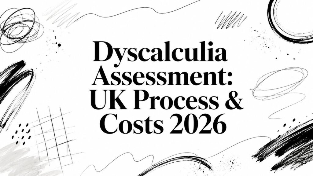 Title card: 'Dyscalculia Assessment: UK Process & Costs 2026' with abstract black brush strokes around the edges