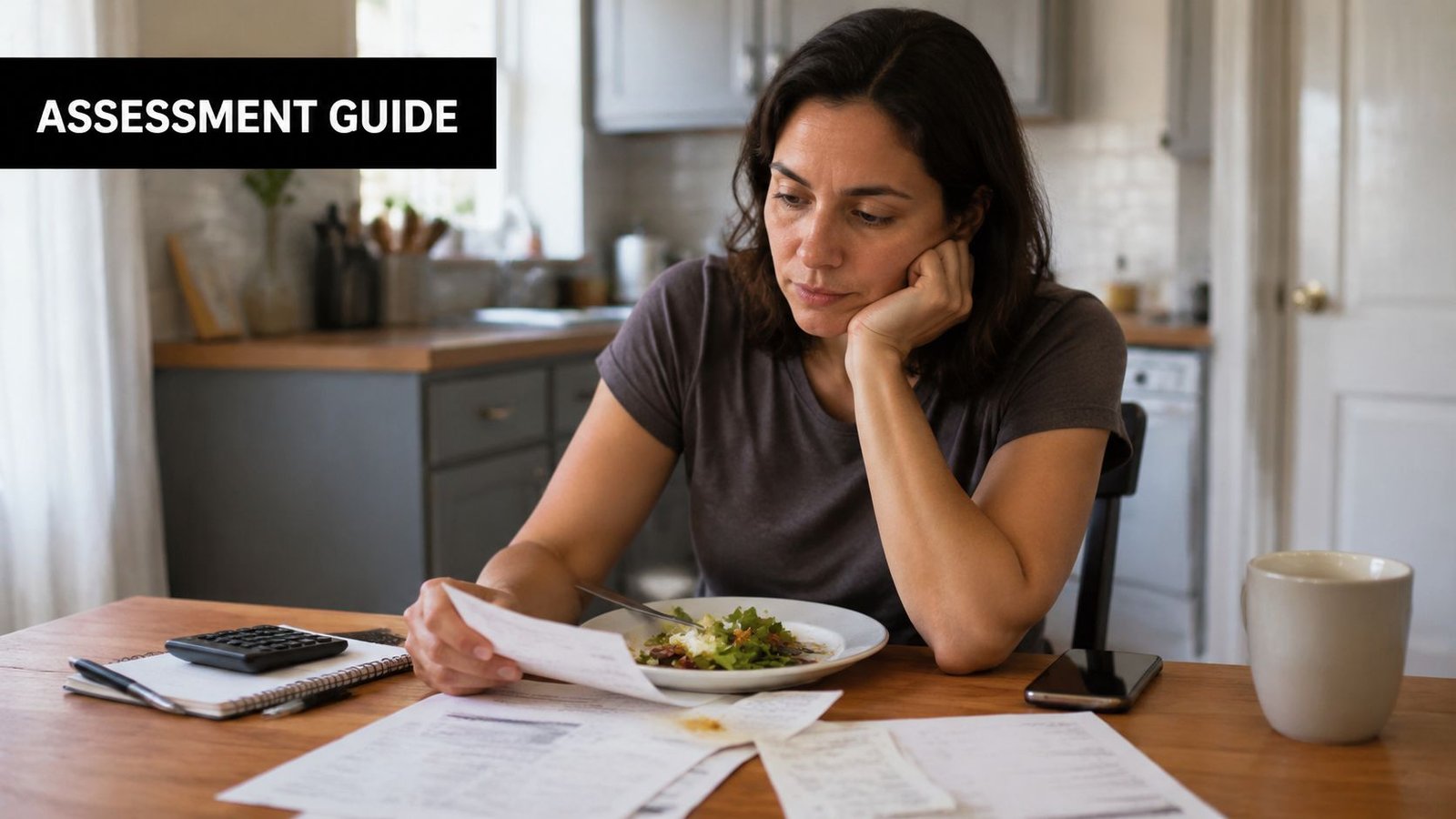 A concerned woman looks at financial documents while eating a meal at her kitchen table.