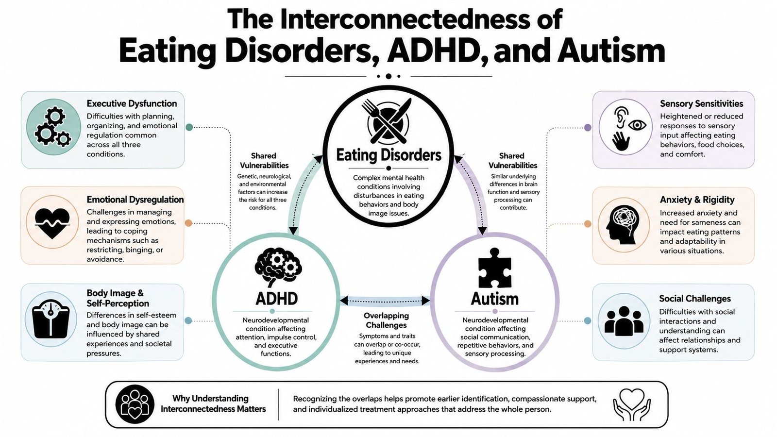 A diagram illustrating the interconnectedness of eating disorders, ADHD, and autism through shared symptoms and vulnerabilities.