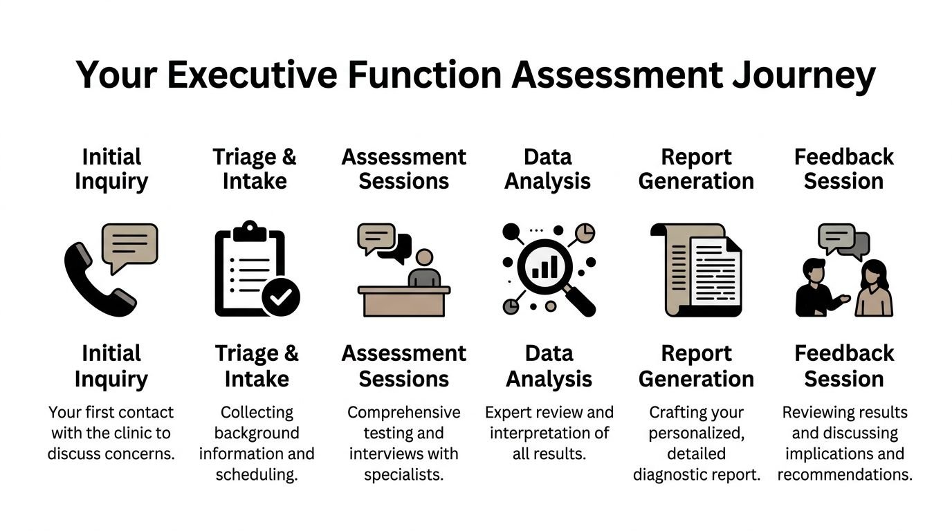 A six-step infographic outlining the process of an executive function assessment journey, from initial inquiry to feedback.