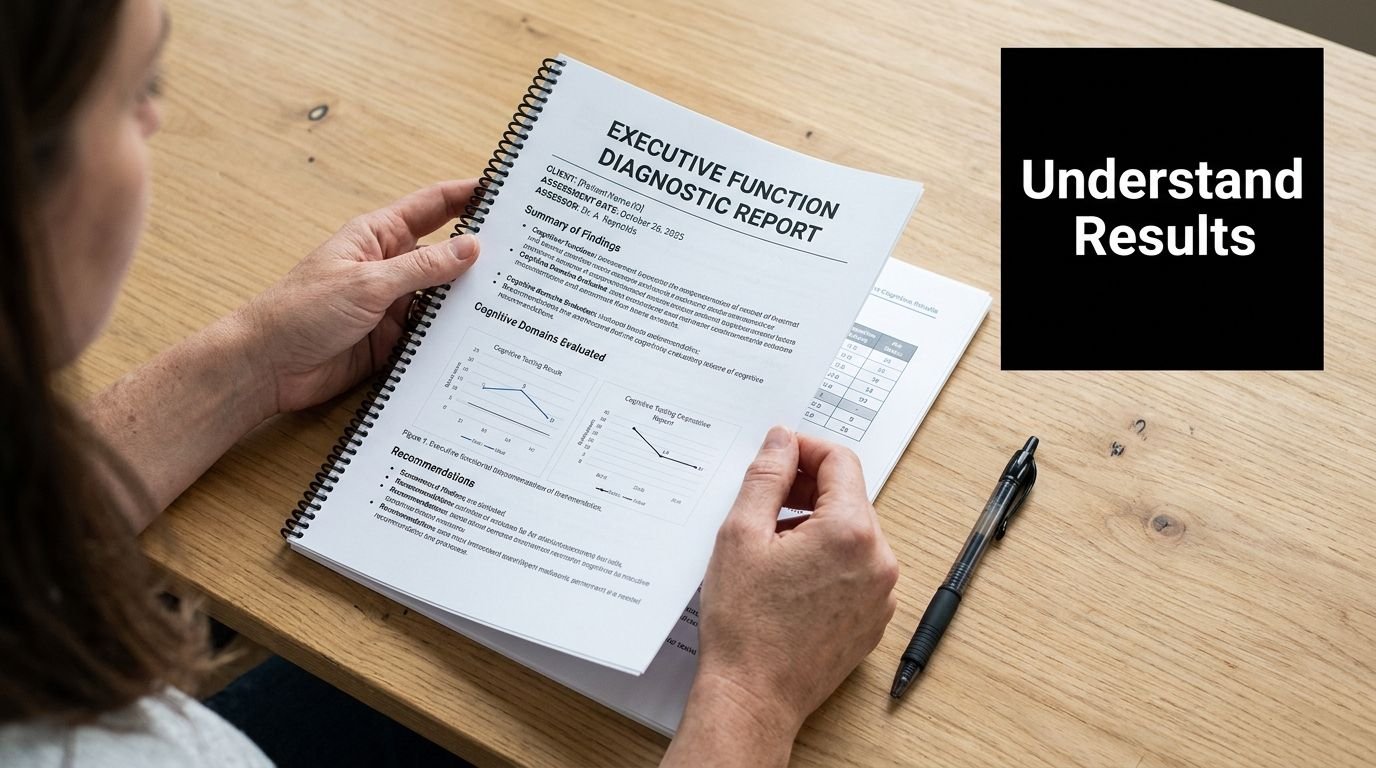 A person reviewing an executive function diagnostic report document on a wooden desk with a black pen.