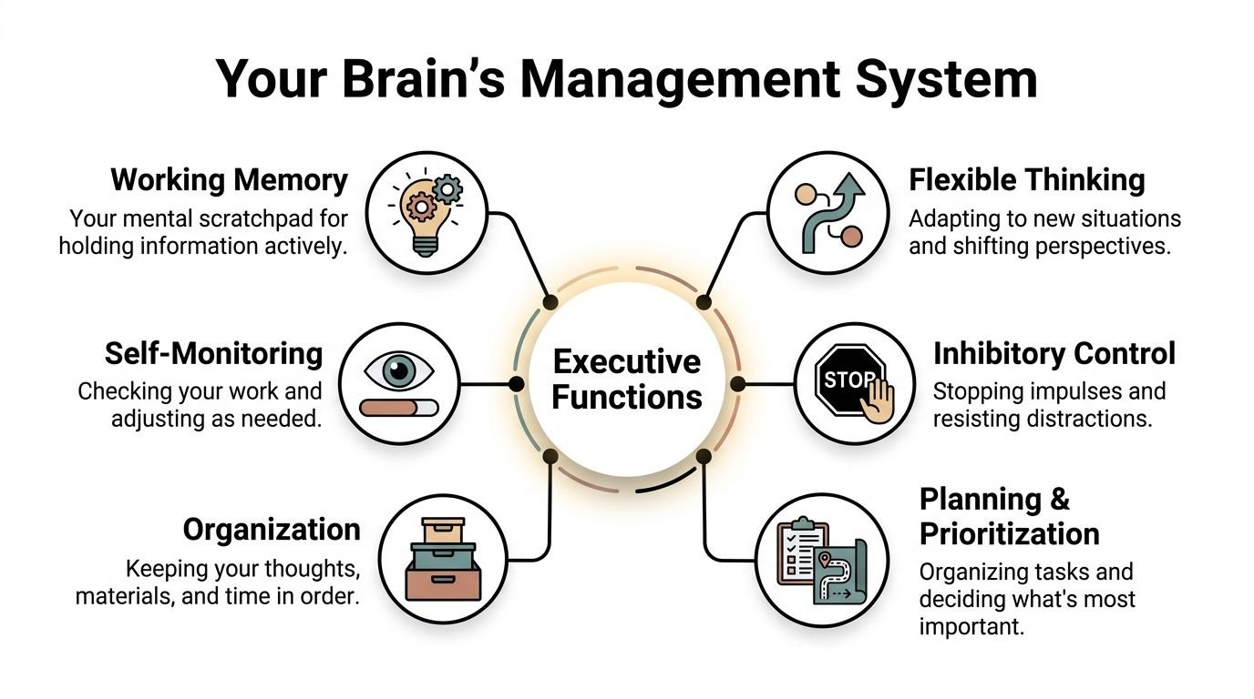 A diagram illustrating the six core components of executive functions in the brain's management system.