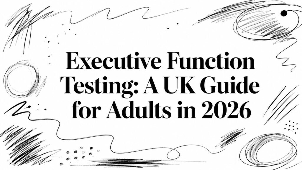 Cover image with bold title: "Executive Function Testing: A UK Guide for Adults in 2026" and abstract doodle borders around the text