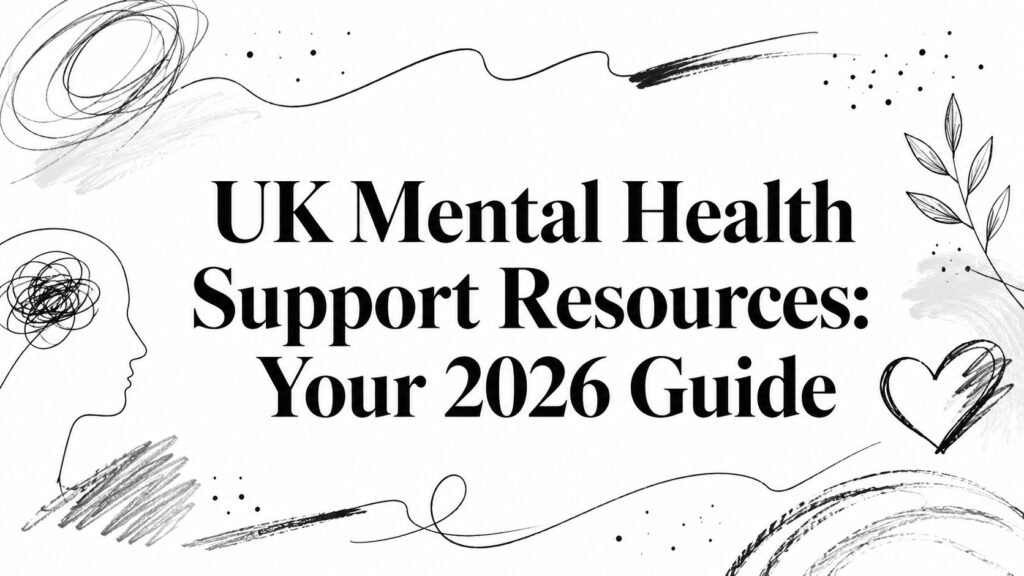 Banner title: 'UK Mental Health Support Resources: Your 2026 Guide' with abstract doodles and a heart motif on the sides.