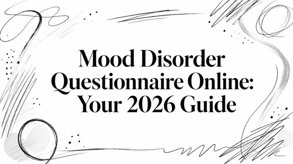 Banner header: Mood Disorder Questionnaire Online—Your 2026 Guide, with abstract doodles around the edges.