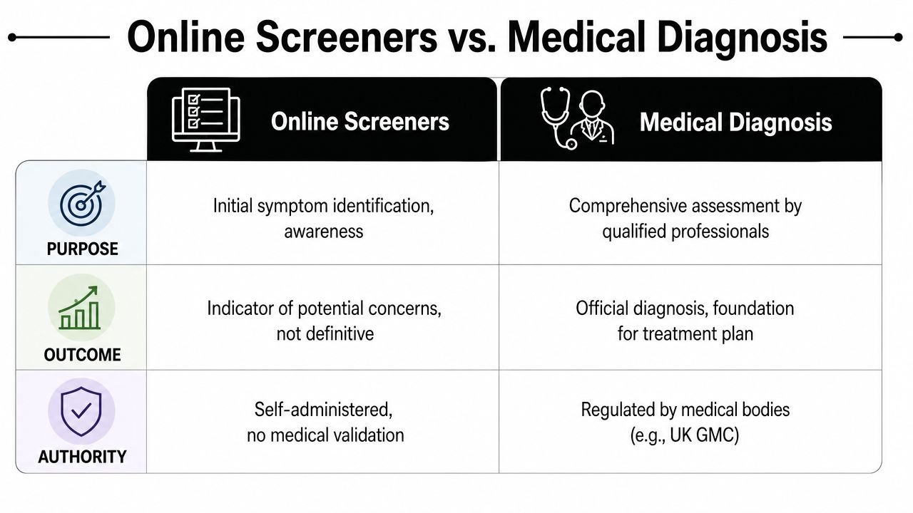 A comparison chart outlining the differences between online symptom screeners and formal medical diagnoses by professionals.