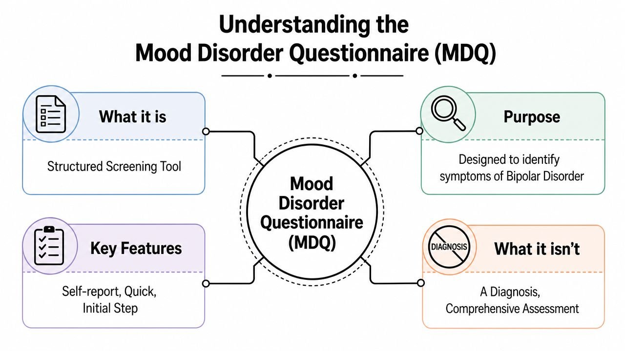 A diagram explaining the Mood Disorder Questionnaire, covering its purpose, key features, and what it is not.