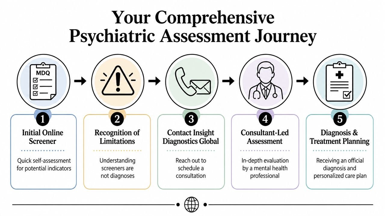 A five-step flowchart illustrating the comprehensive psychiatric assessment journey from initial screening to personalized treatment planning.