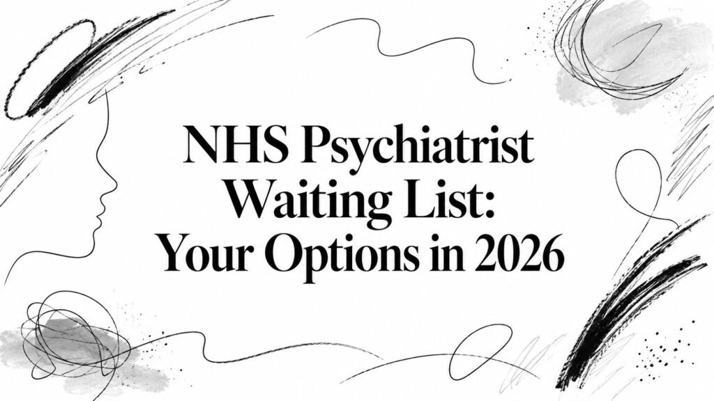 Banner headline: "NHS Psychiatrist Waiting List: Your Options in 2026" with abstract black brush strokes; communicates topic of NHS psychiatry waitlist options.