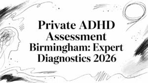 Banner advertising private ADHD assessment in Birmingham with 'Expert Diagnostics 2026' text and abstract doodles.