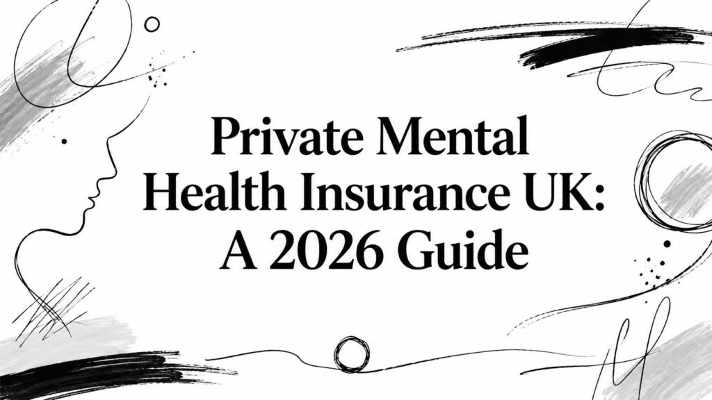 Title card for a guide: 'Private Mental Health Insurance UK: A 2026 Guide' with abstract black brush strokes on white background