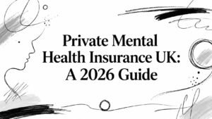 Title card for a guide: 'Private Mental Health Insurance UK: A 2026 Guide' with abstract black brush strokes on white background