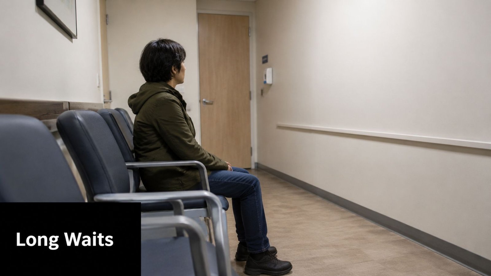 A person sitting alone on a chair in a quiet hallway waiting for an appointment