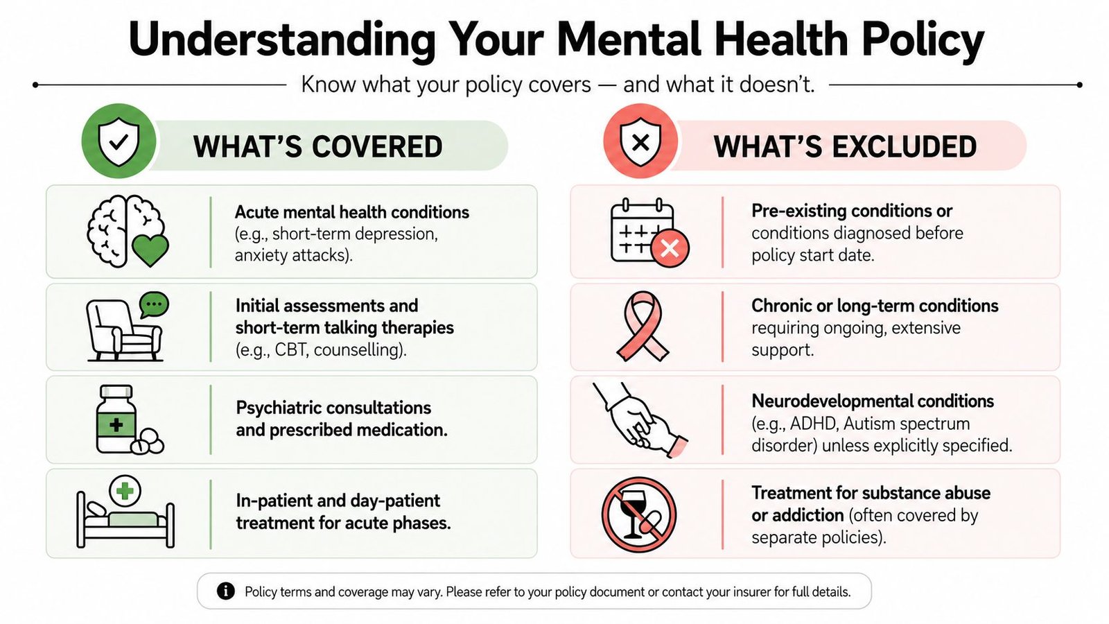 An infographic titled Understanding Your Mental Health Policy summarizing common inclusions and exclusions for insurance coverage.