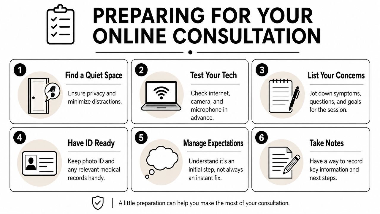 A six-step infographic guide on how to prepare for a successful virtual medical consultation appointment.