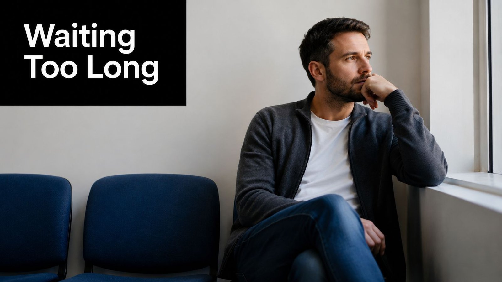 A pensive man sitting alone in a waiting area looking out of a window while waiting patiently.