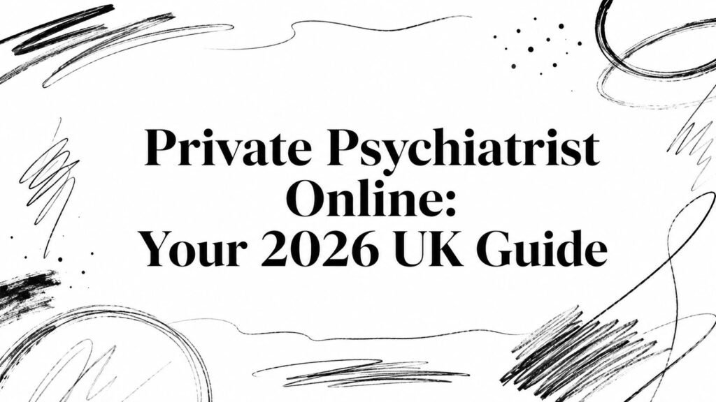 Header banner reading 'Private Psychiatrist Online: Your 2026 UK Guide' in bold serif font, with black abstract ink strokes around it.