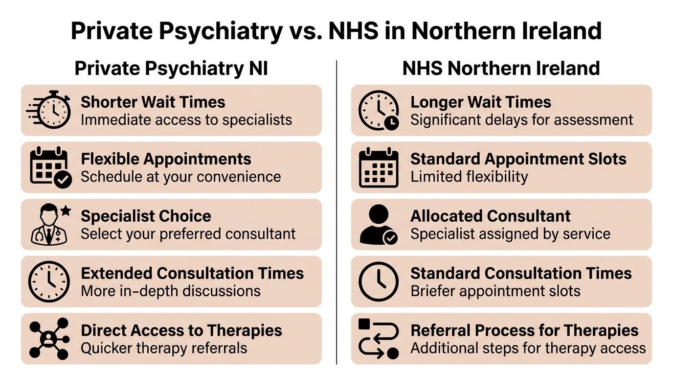 A comparison chart outlining differences between private psychiatry and NHS services in Northern Ireland for patients.