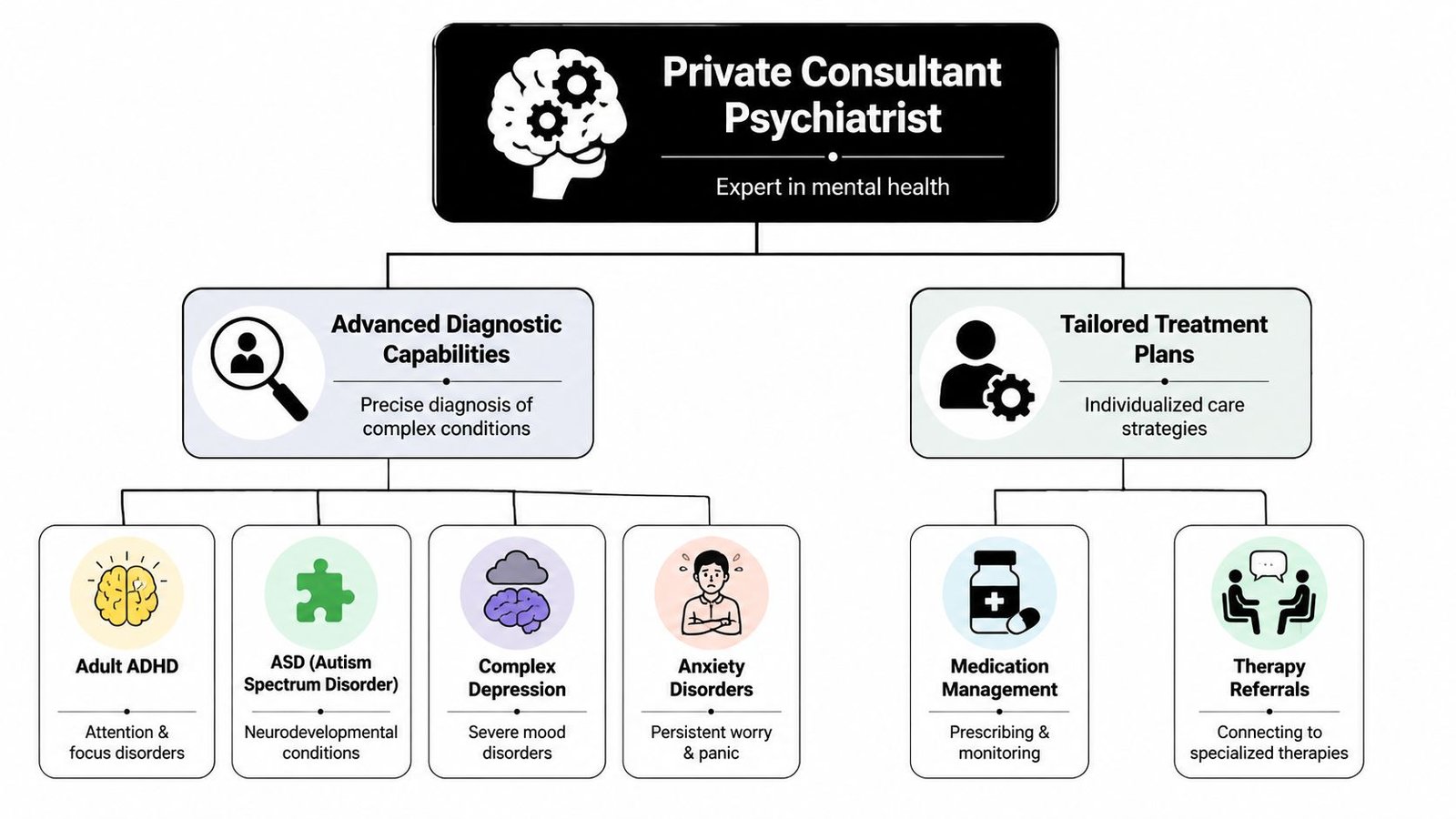 An infographic detailing services offered by a private consultant psychiatrist, including diagnosis and treatment plans.