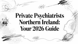 Banner title: 'Private Psychiatrists Northern Ireland: Your 2026 Guide' with abstract black doodles around the edges.