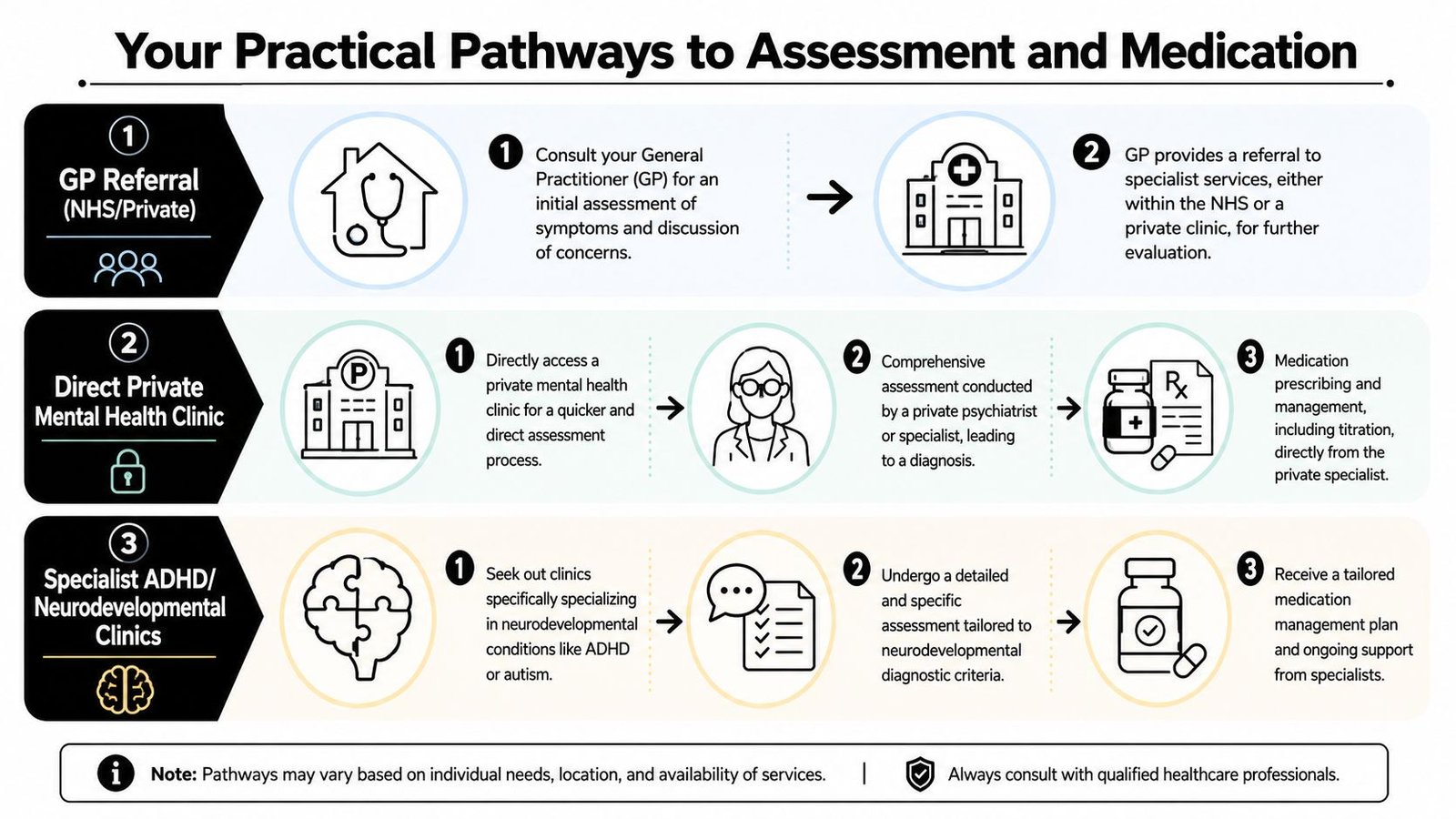 An infographic showing three different pathways to obtain an assessment and medication for neurodevelopmental conditions like ADHD.