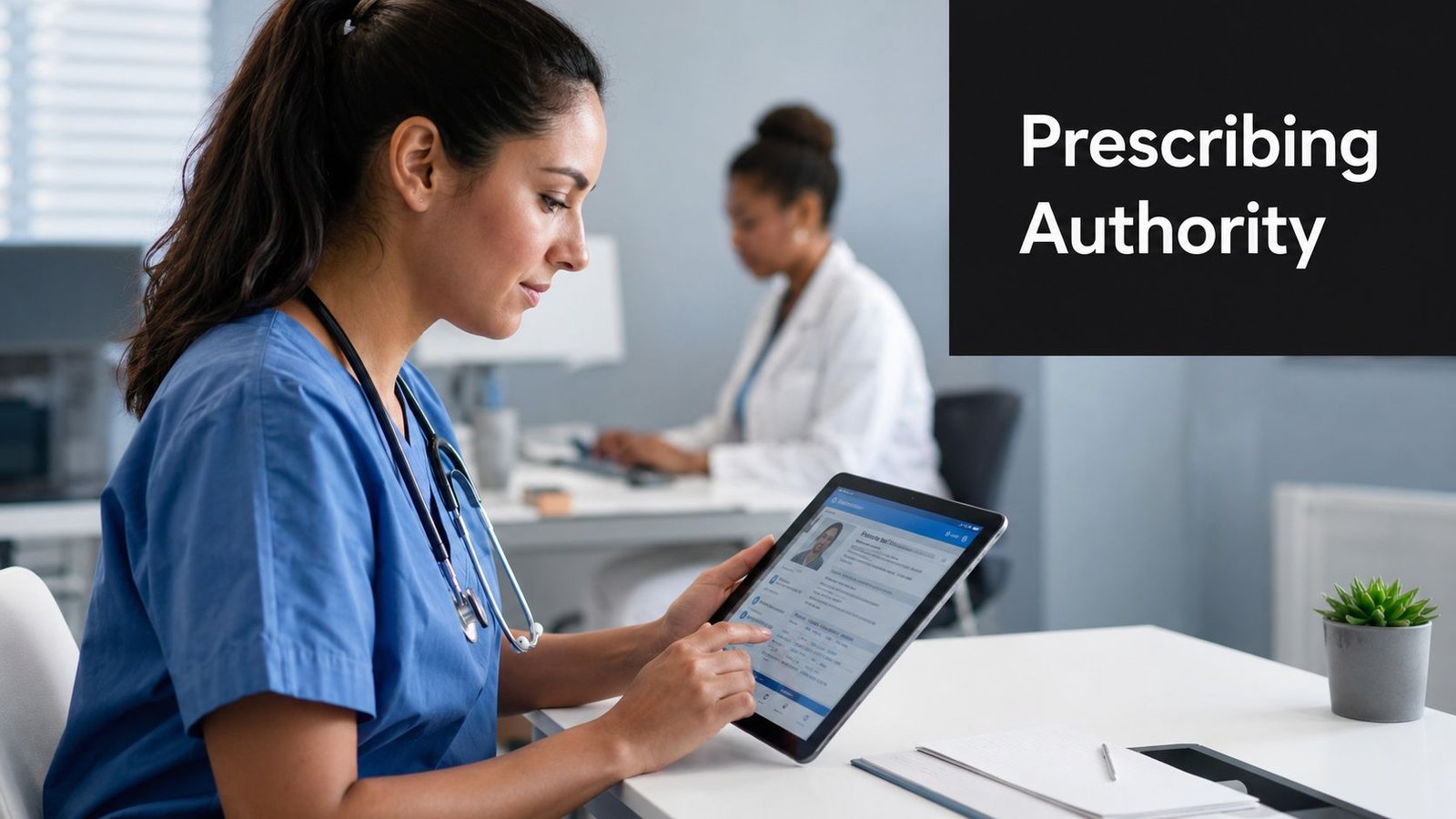 A healthcare professional in scrubs using a tablet to review patient medication information in a clinic.