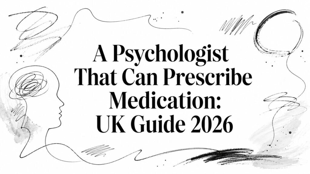 Bold banner reading: 'A Psychologist That Can Prescribe Medication: UK Guide 2026' with abstract black doodles around the edges