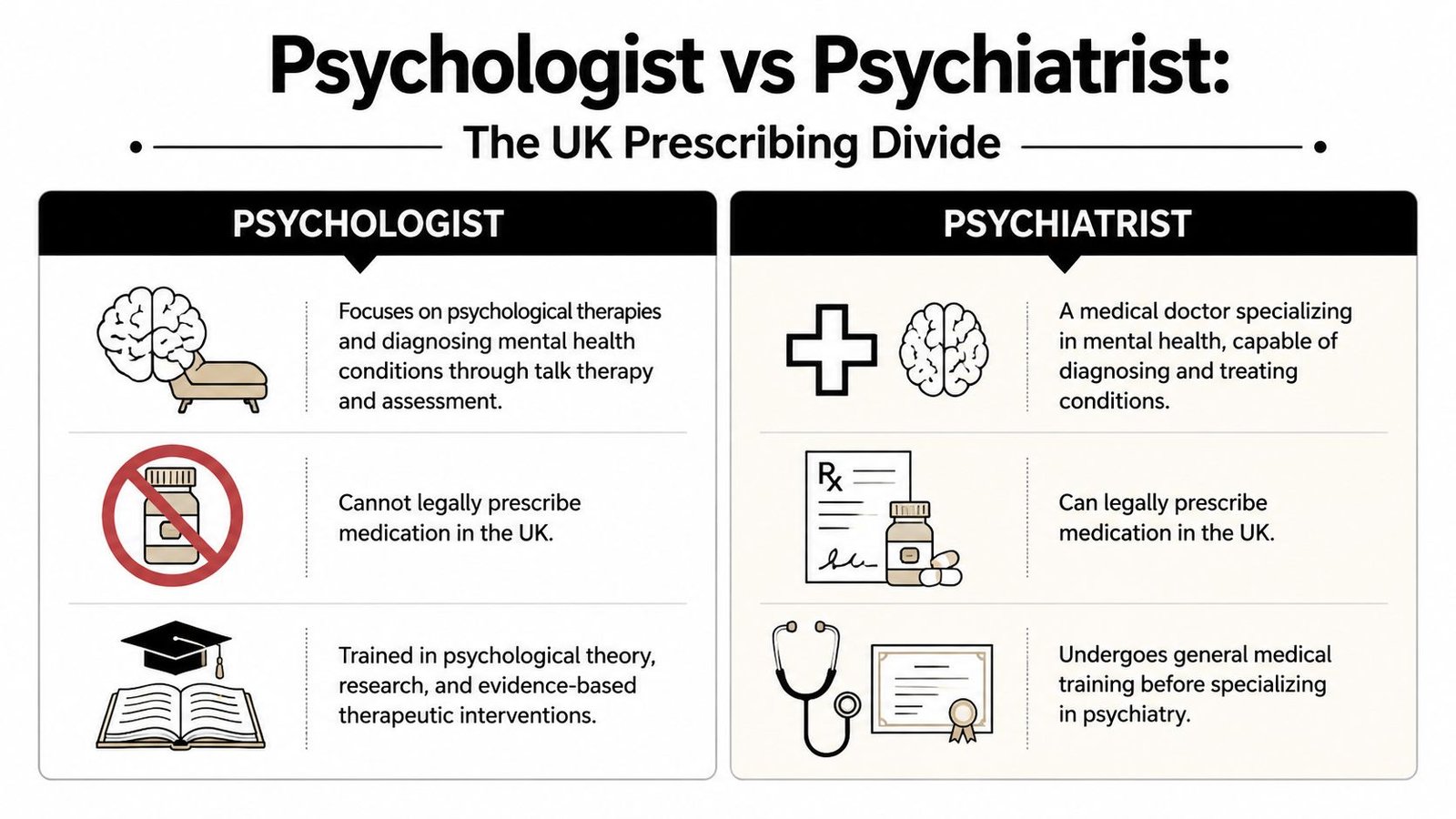 A comparison chart showing the differences between a psychologist and a psychiatrist in the UK.