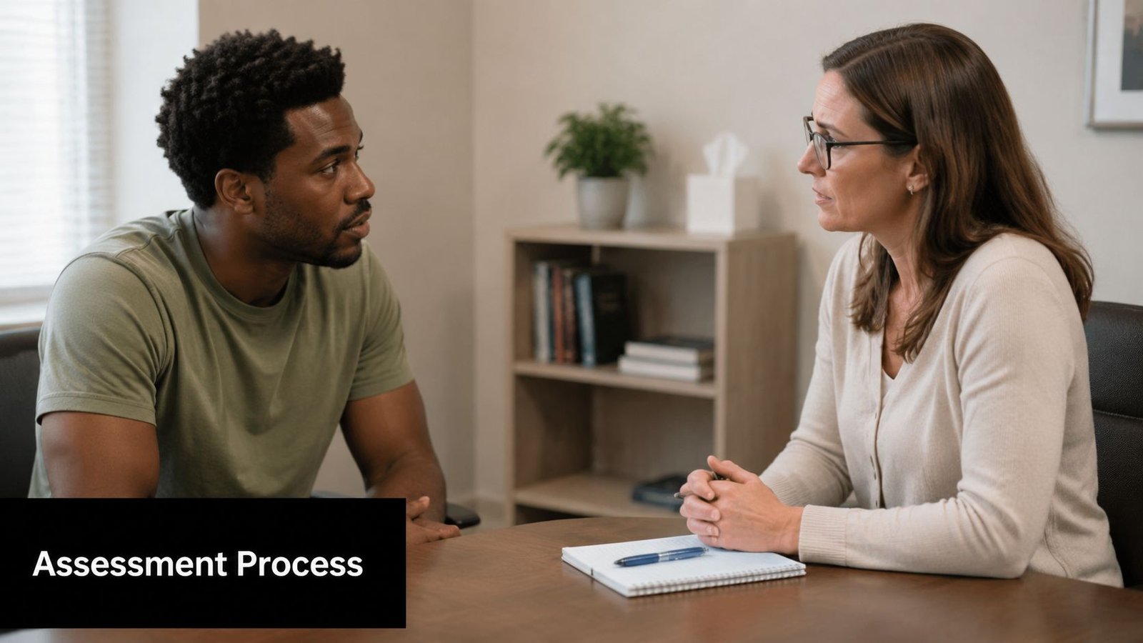 A male patient engaging in a professional consultation with a female psychologist inside her office.